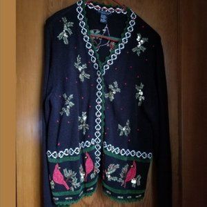 Rare vintage 90s, cardinals & holly embroidery cardigan, L, XL, seasonal